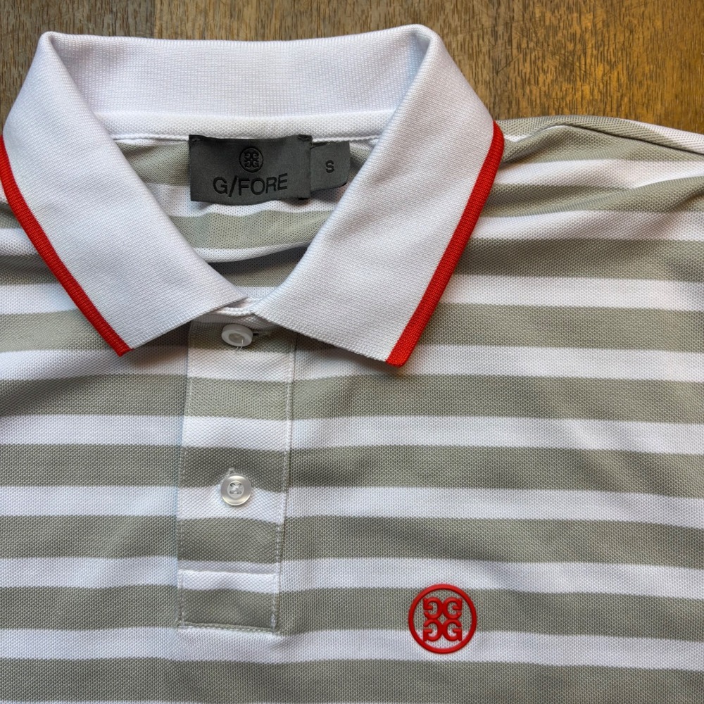 G/Fore Performance Orange and Gray Emblem Striped Slim Fit Golf Polo Shirt